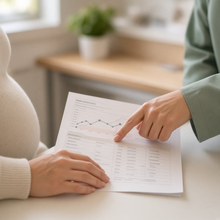 Gravid kvinne som snakker med jordmor om blodprøver og jernlager