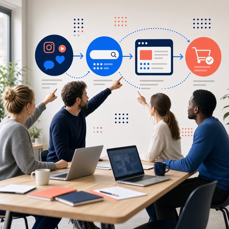 Een marketingteam bespreekt een digitale klantreis op een scherm met website, social media en conversiestappen