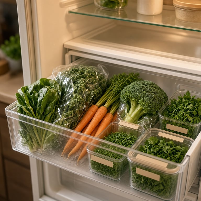 A neatly organised refrigerator drawer with wrapped leafy greens, carrots, broccoli, herbs, and labelled containers ready for weekly meals