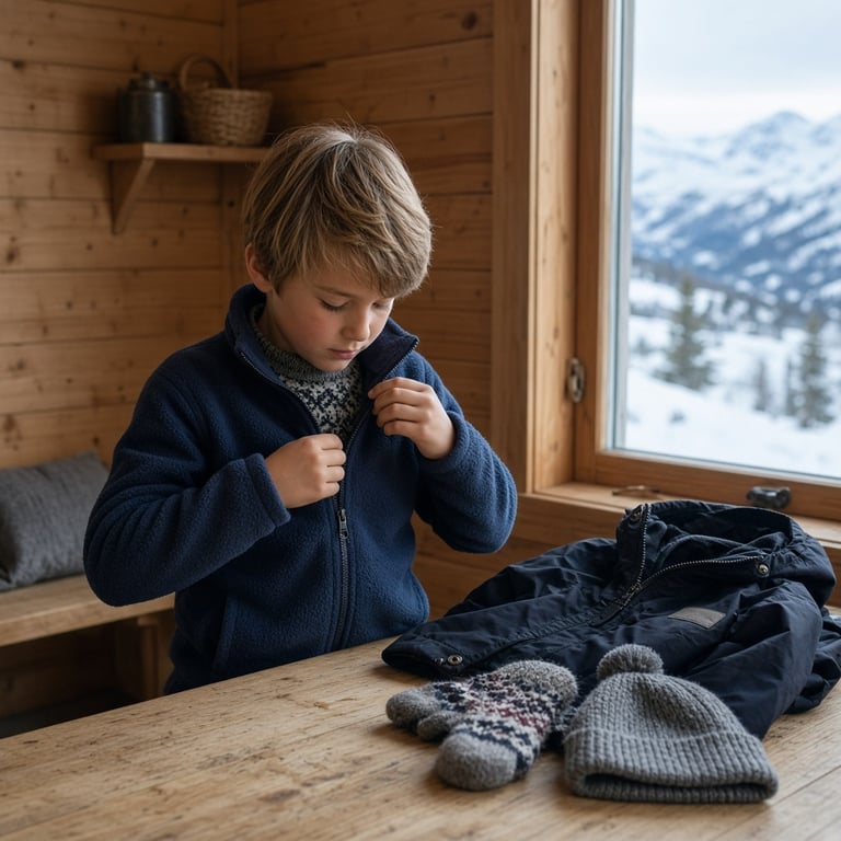 Junior med varme skiklær på skitur ved en norsk fjellhytte