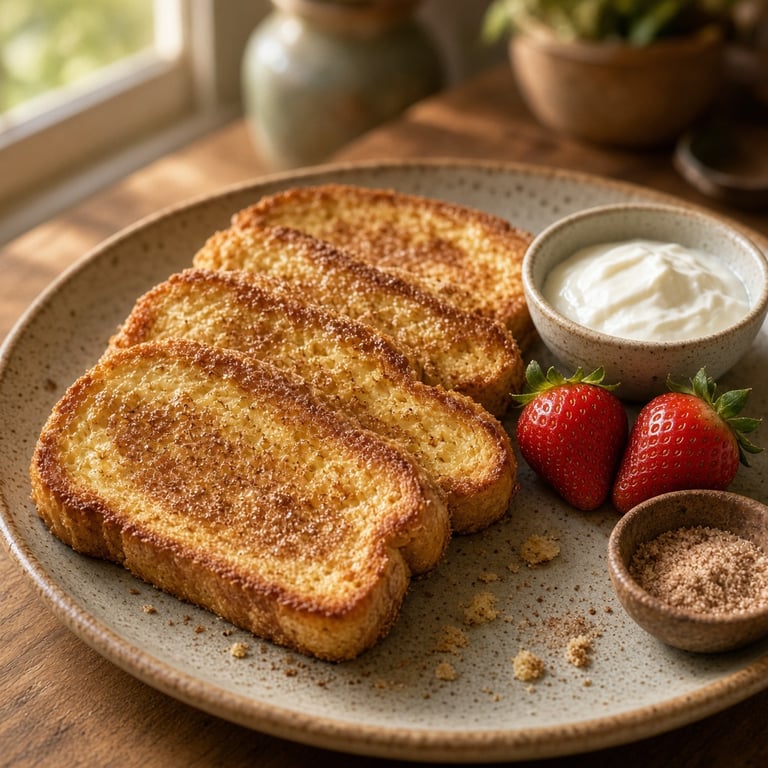 Goudbruine wentelteefjes met kaneel, aardbeien en yoghurt op een ontbijttafel