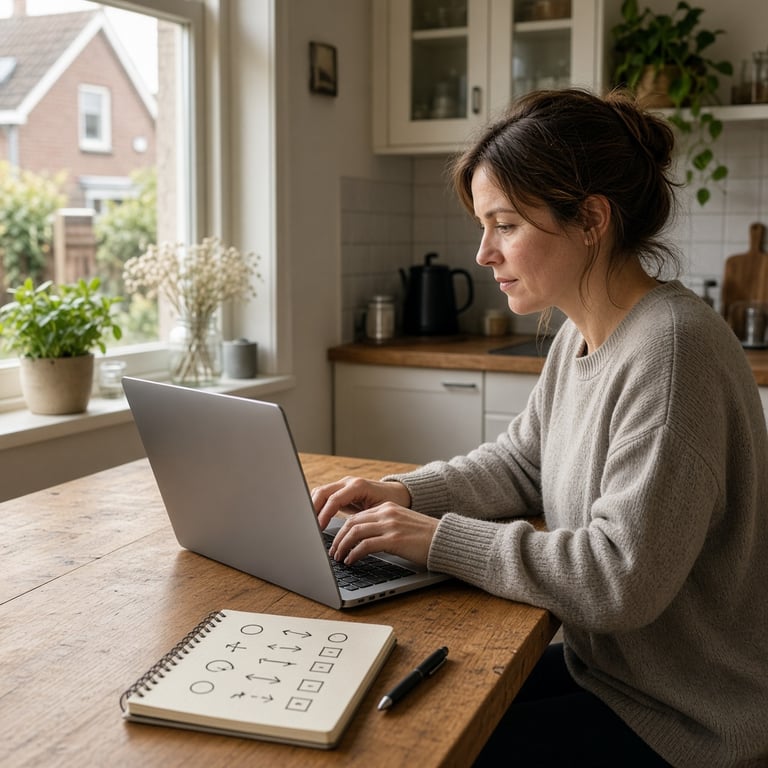 Een Nederlandse thuiswerker gebruikt gerichte zoekopdrachten op een laptop aan de keukentafel