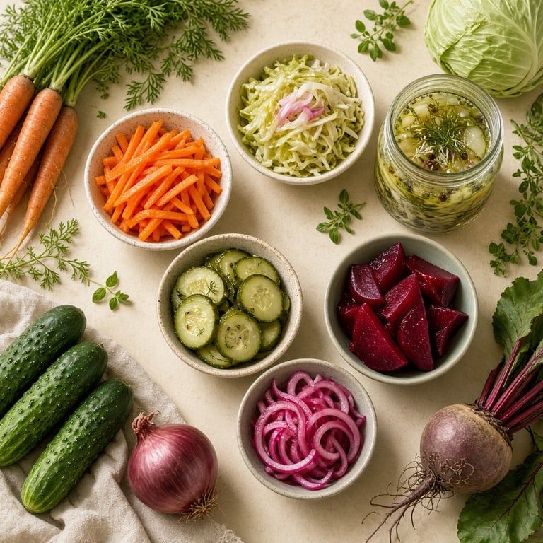 Colourful pickled carrots, cucumbers, onions, and cabbage arranged beside fresh vegetables on a warm kitchen table