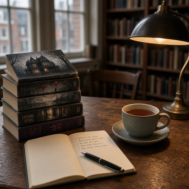 Een houten leestafel met Stephen King-boeken, een notitieboek en een warme leeslamp in een rustige bibliotheek
