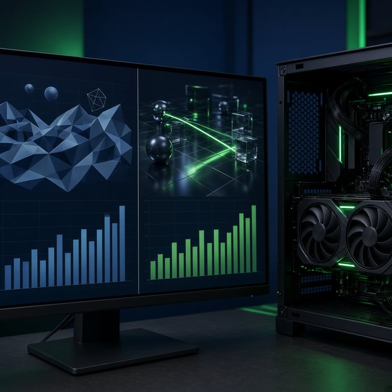 A desktop monitor showing two GPU benchmark charts beside an open PC with a graphics card installed