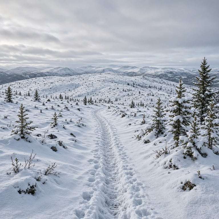 Vinterlig fjellsti ved Tempelnatten med snødekte trær og utsikt mot fjellene