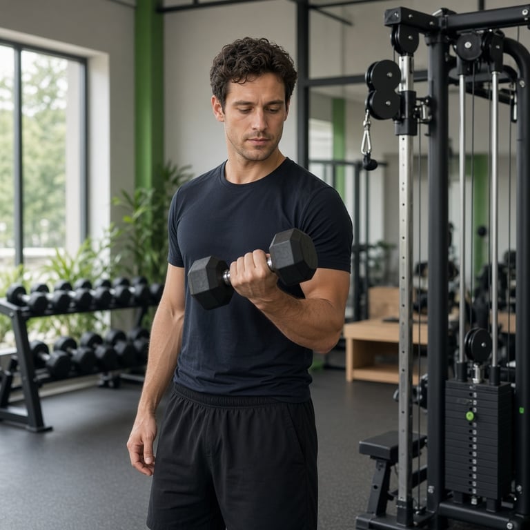 Sporter voert een hammer curl uit naast een kabelstation in een rustige sportschool