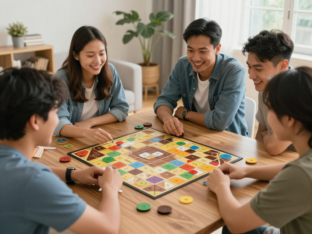 Happy people playing board games