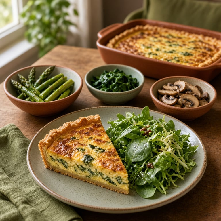 Punt quiche met groene salade en losse seizoensgroenten naast de ovenschaal