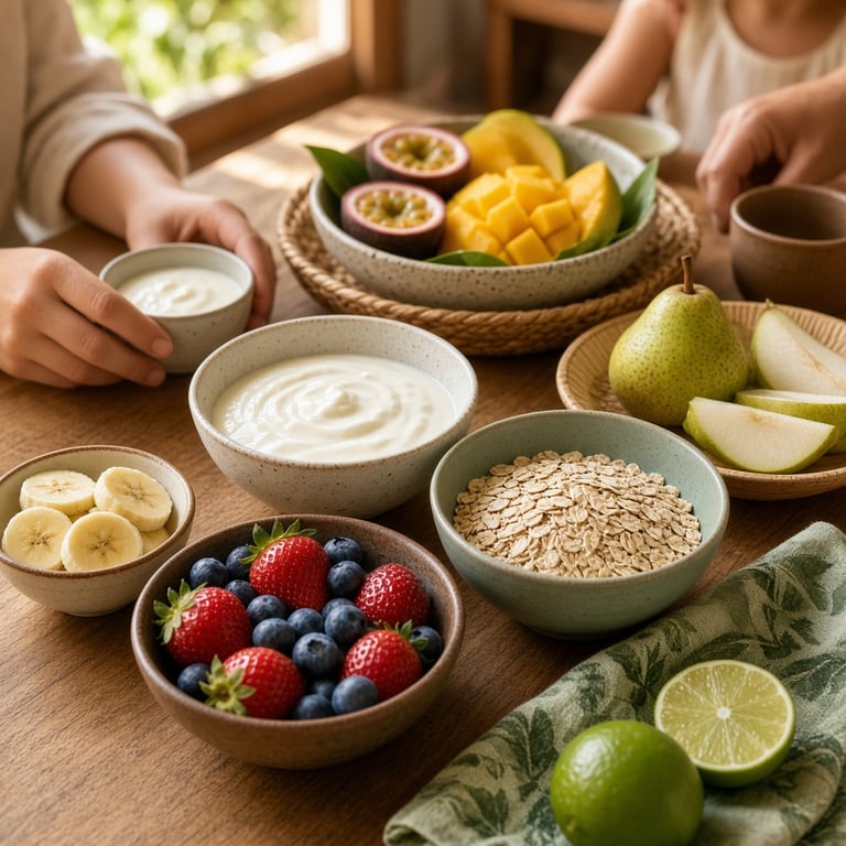 Fresh fruit served with yoghurt and oats at breakfast