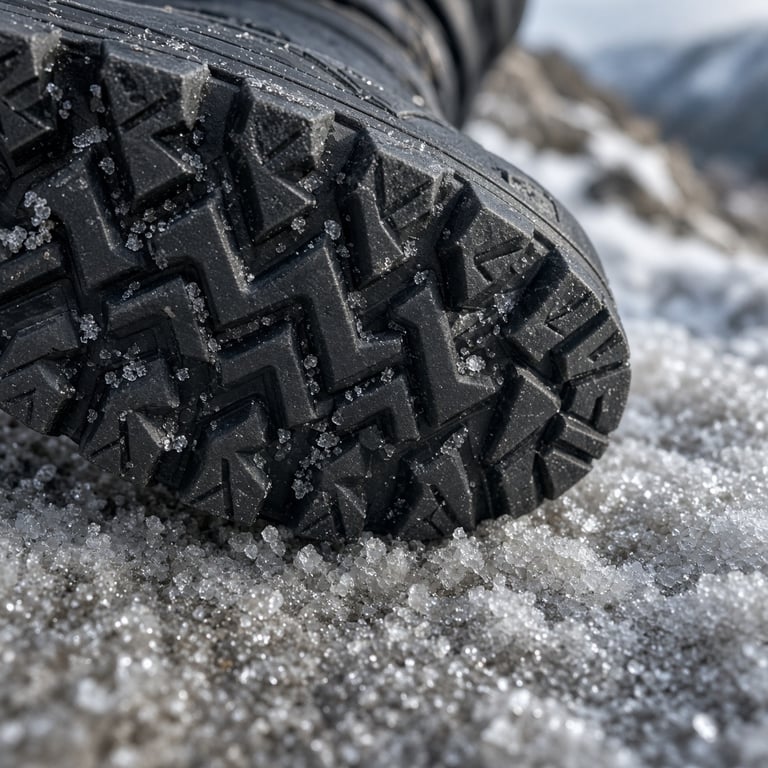 Nærbilde av vintersåle med mønster på hardpakket snø