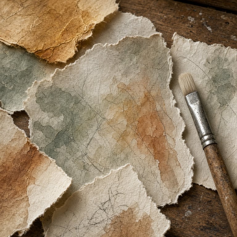 Detail van gelaagd papier met aardse pigmenten op een atelier tafel
