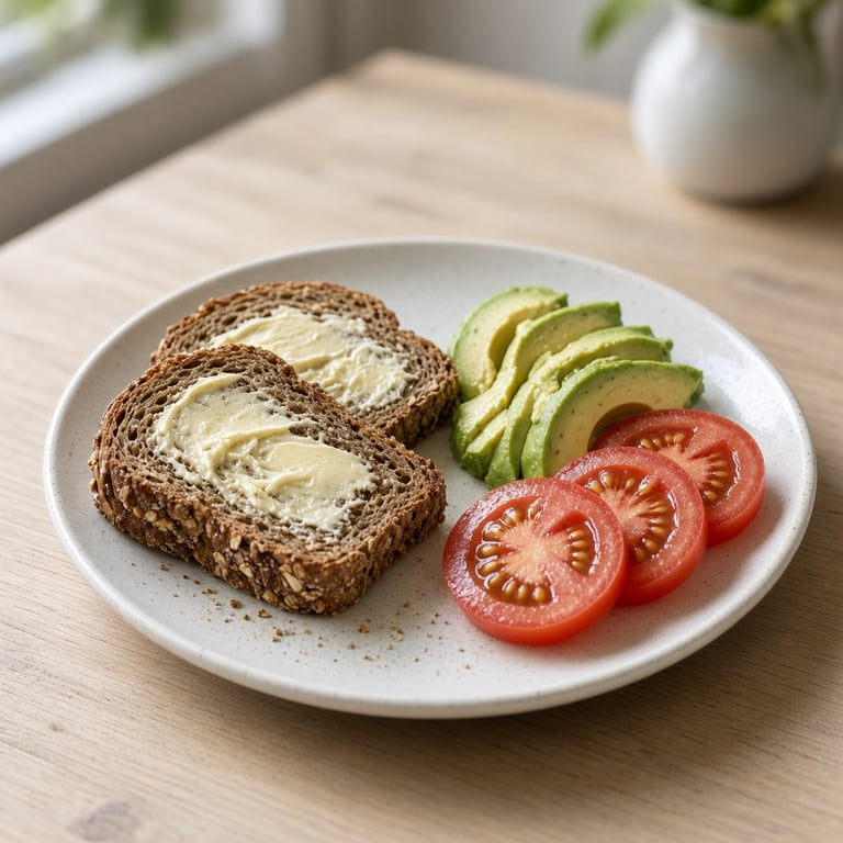Grovt brød med margarin, avokado og tomat servert som et enkelt frokostmåltid