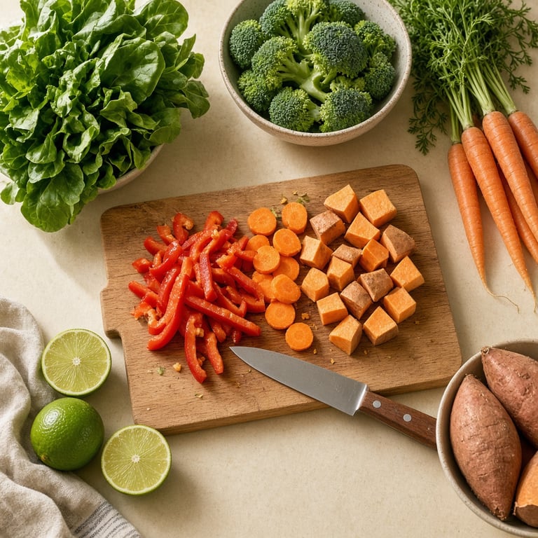 A colourful basket of leafy greens, broccoli, carrots, capsicum and sweet potatoes on an Australian kitchen bench