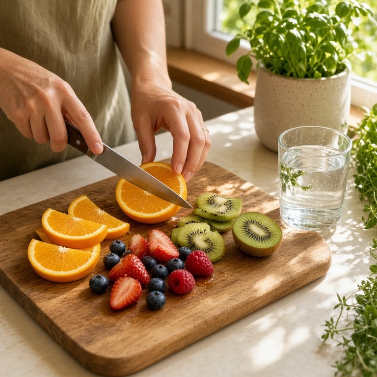 A hand preparing sliced oranges, kiwi, and berries beside a glass of water in a bright Australian kitchen