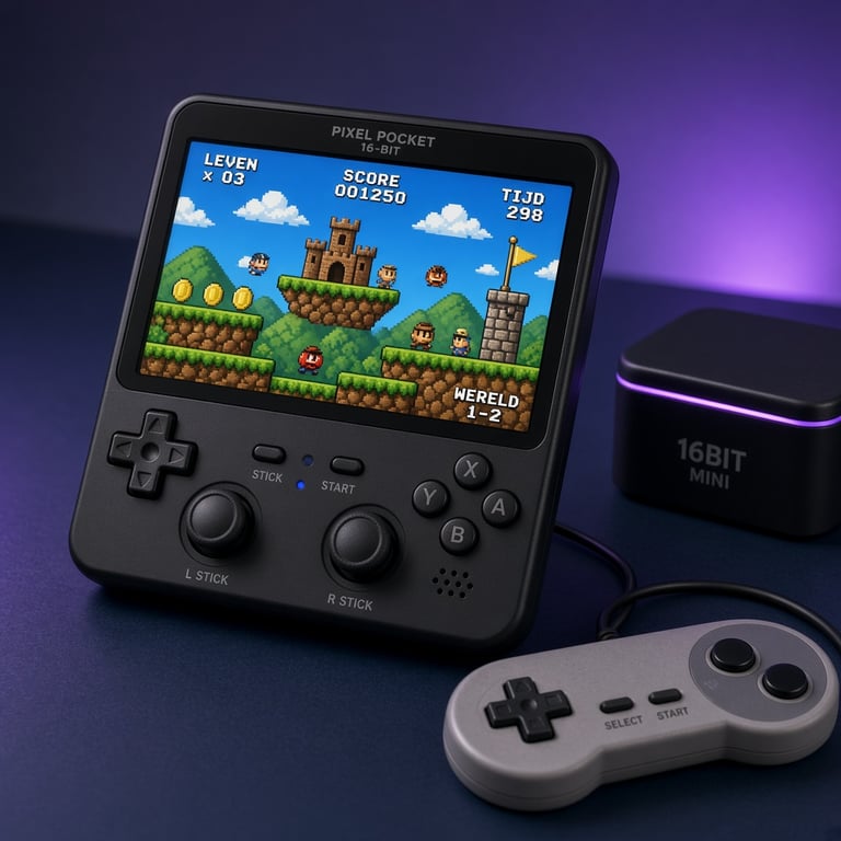 Een moderne retroconsole met pixelgames op een tv naast een compacte handheld en klassieke controller