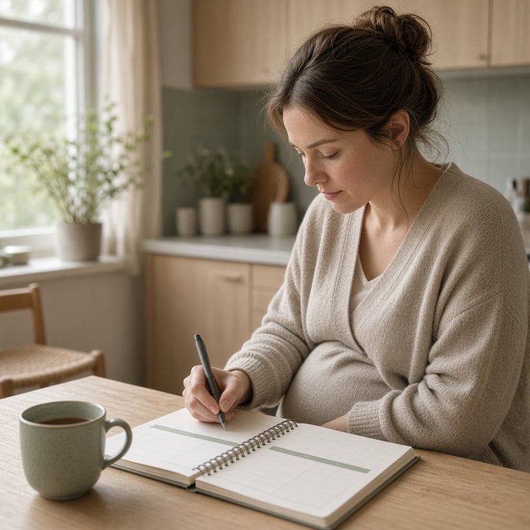 Gravid person ved et lyst kjøkkenbord skriver ned datoer i en svangerskapskalender