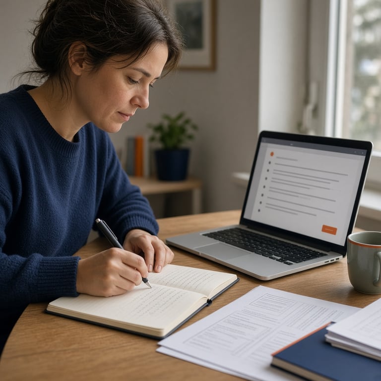 Student maakt Nederlandse schrijfoefeningen op een laptop aan een rustige studietafel