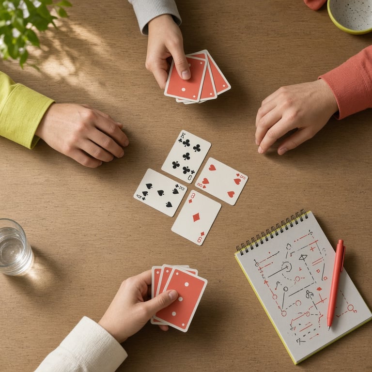 Een moderne speeltafel met vier spelers die aandachtig een rikken kaartspel spelen