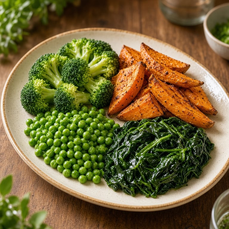 Steamed broccoli, roasted sweet potato, peas and spinach arranged in a bright family meal