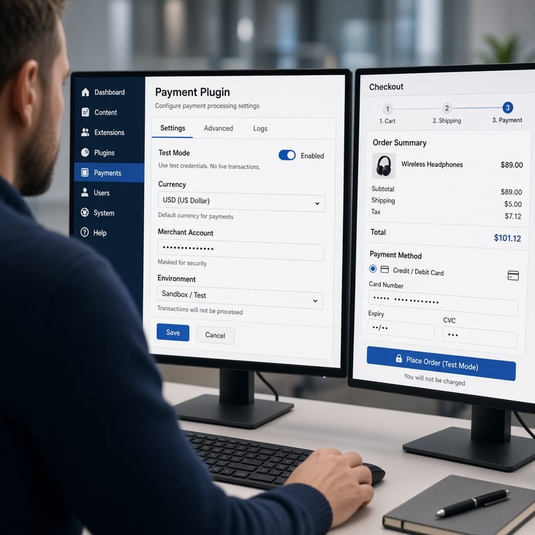 Joomla administrator reviewing a payment plugin configuration beside a test checkout screen