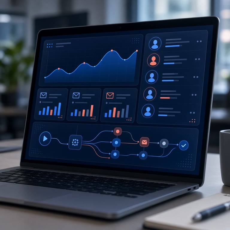 Overzichtelijk marketingdashboard met website, klantdata en campagneflows op een laptop