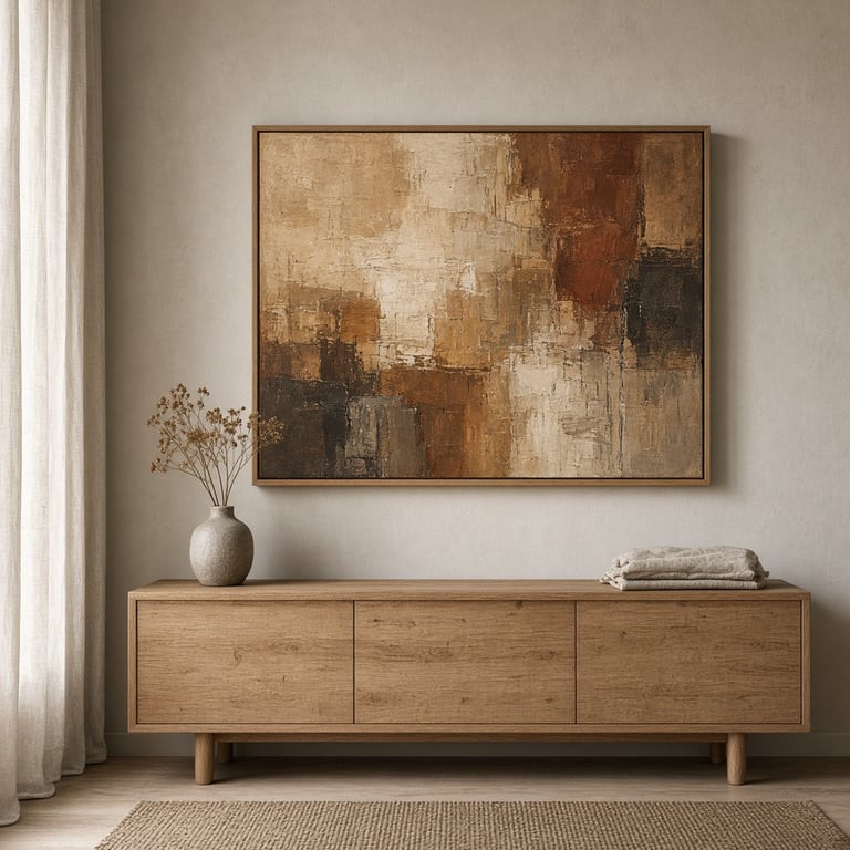 Modern schilderij in aardetinten bekeken in een rustige, minimalistische woonruimte