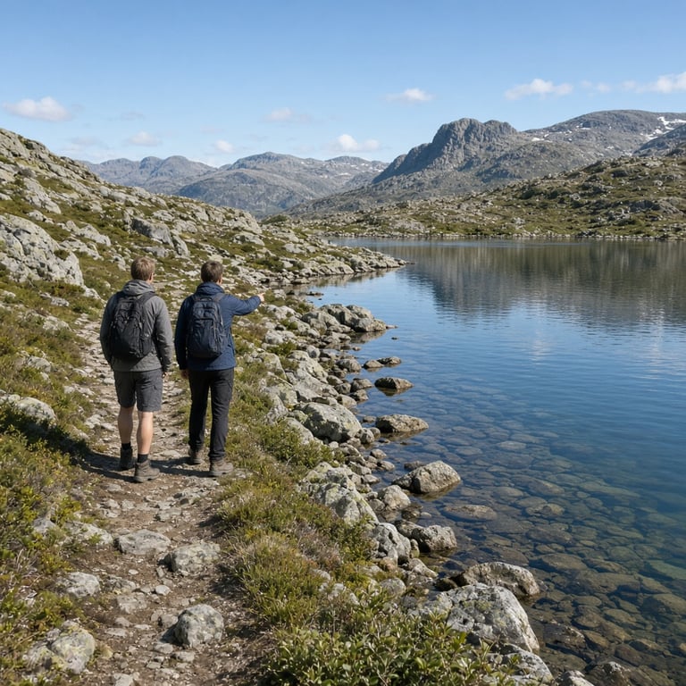 Fjellandskap ved Tempelnatten med sti mot et rolig vann i sommerlys