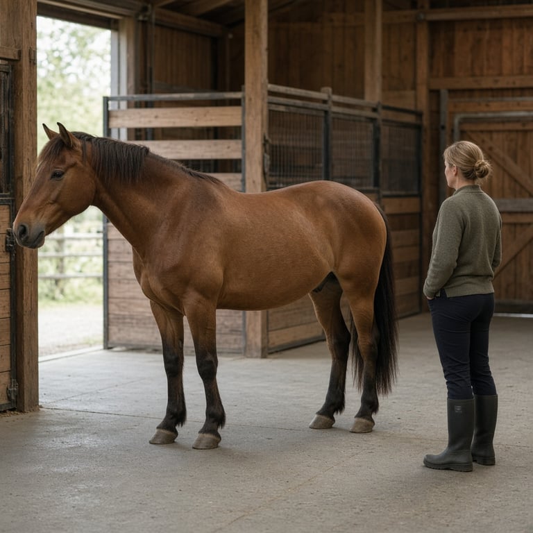 Hest i norsk stallmiljø tidlig på våren, fotografert rolig fra siden med fokus på trygg håndtering og naturlig lys