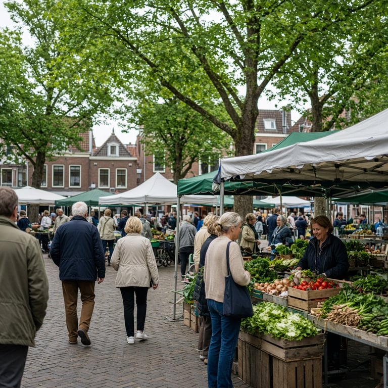 Een gezellige buitenmarkt in Apeldoorn met kraampjes, bezoekers en bomen op de achtergrond