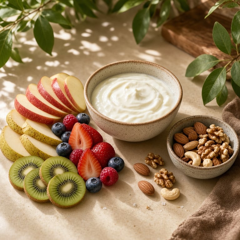 Sliced apple, pear, berries, and kiwifruit prepared beside plain yoghurt and nuts for a balanced snack