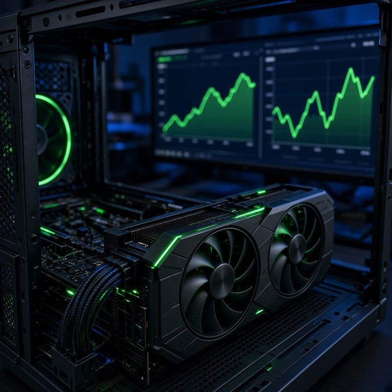 A modern graphics card beside a monitor showing a clean GPU comparison chart