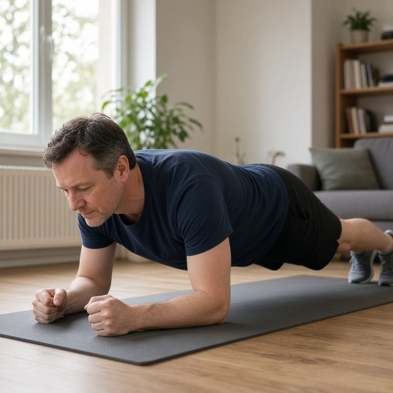 Persoon voert een gecontroleerde plank uit op een fitnessmat in een lichte Nederlandse woonkamer