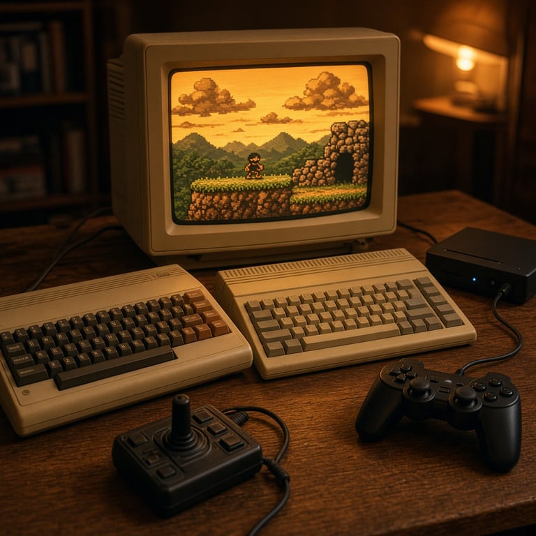 Een Commodore 64 en Amiga naast moderne retrohardware voor homebrew-games