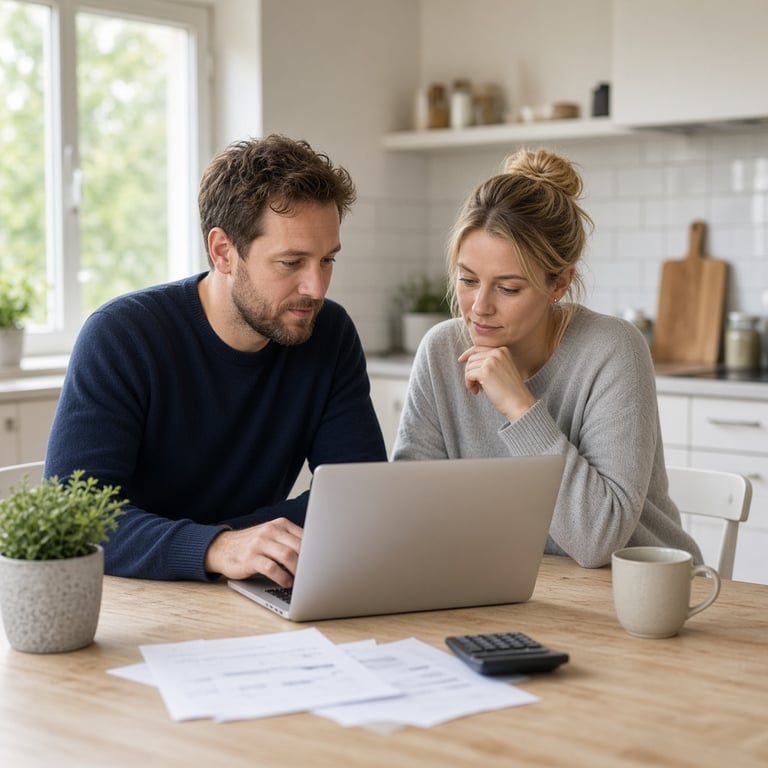Gezin aan de keukentafel berekent de maandlasten van een hypotheek op een laptop