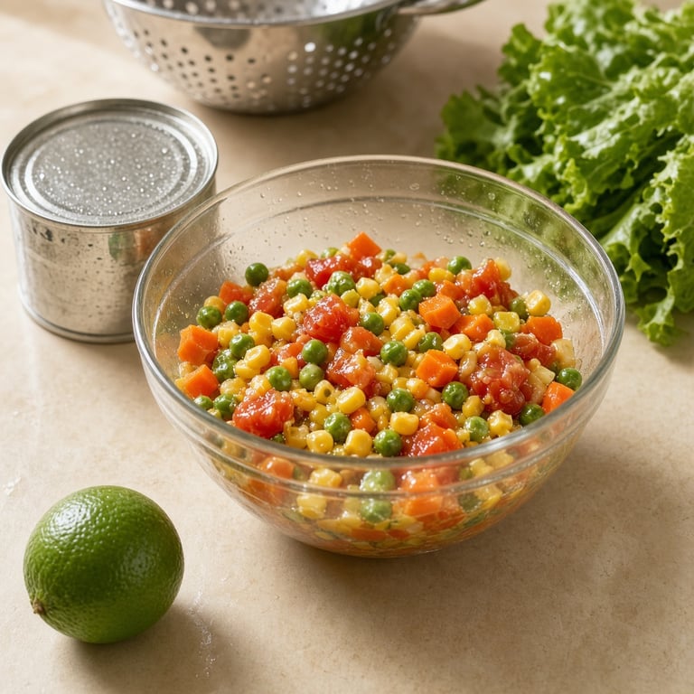 A bowl of colourful canned vegetables beside an open pantry tin and a fresh lime