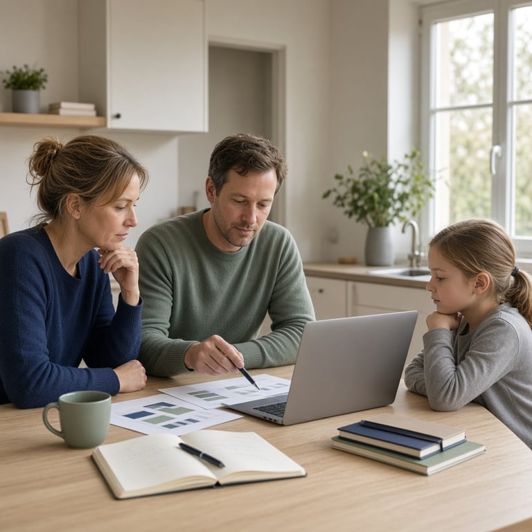 Gezin aan de keukentafel vergelijkt verzekeringen op een laptop met een notitieblok