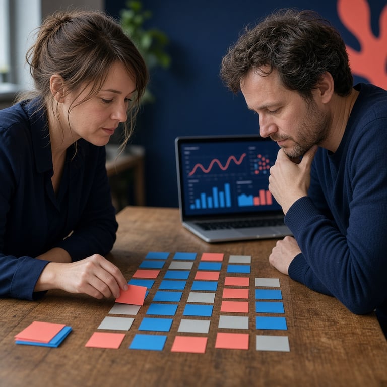 Strategisch overleg over digitale marketing op een bureau met laptop en klantreis op papier