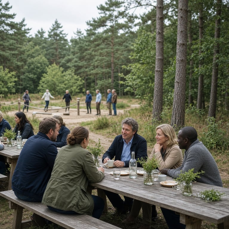 Buitenevenement met lange tafels en activiteiten in het groen bij Apeldoorn