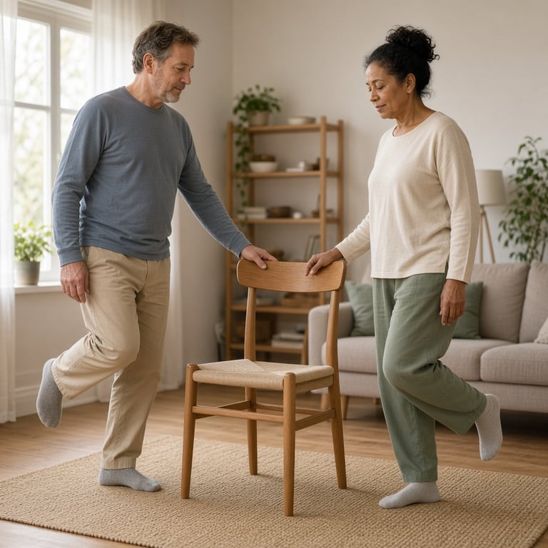 Man en vrouw doen rustige mobiliteitsoefeningen in een lichte woonkamer, met een stoel als steun