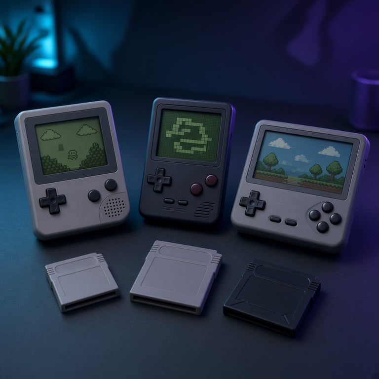 Een retro handheld naast cartridges en een moderne spelomgeving op een bureau