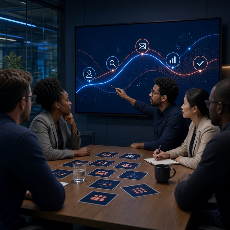 B2B-marketingteam dat samen een klantreis op een groot scherm analyseert