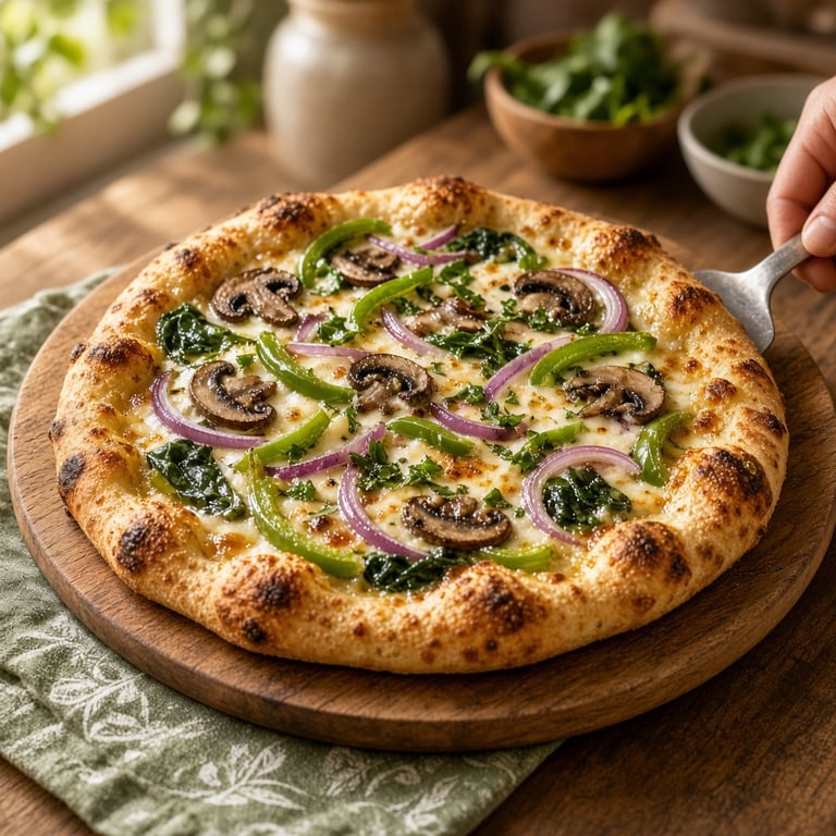 Colourful homemade veggie pizza topped with mushrooms, capsicum, red onion, spinach, and herbs on a warm kitchen table