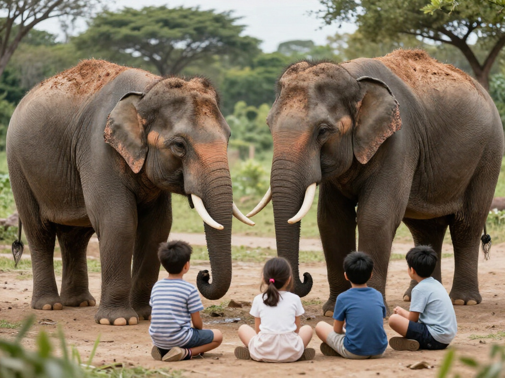 Bambini che partecipano a un'attività educativa sugli elefanti
