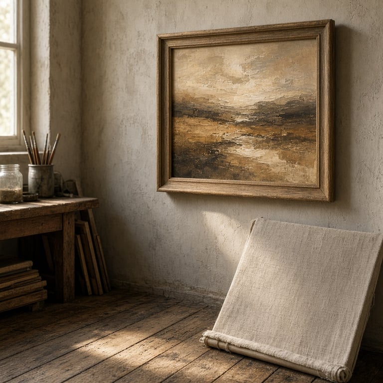 Stille atelierwand met een ingelijst schilderij in aardetinten en zacht natuurlijk licht