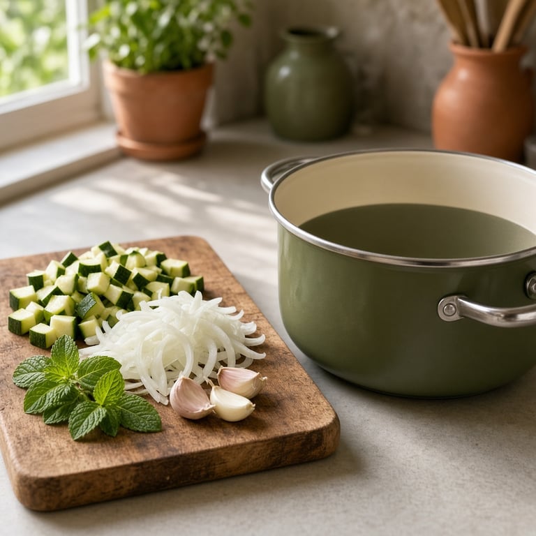 Een kom verse courgettesoep naast gesneden courgette en verse munt