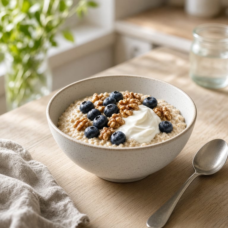 En skål med havre, bær, nøtter og naturell yoghurt som et fiberrikt frokostmåltid