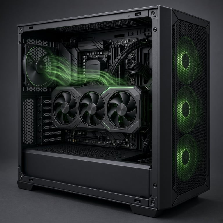 A desktop gaming PC with an NVIDIA graphics card, front intake fans, and rear exhaust fan arranged for balanced airflow