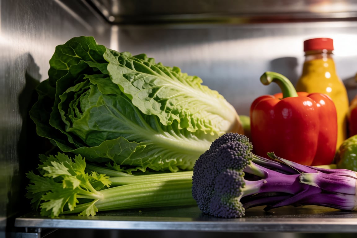 A bright produce box with leafy greens, limes, carrots and tomatoes on a warm cream kitchen bench