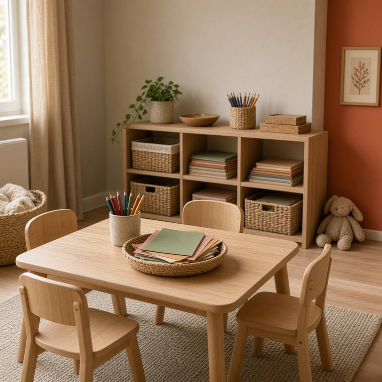 Een lage speeltafel in een Nederlandse kinderkamer met boeken, bakken en knutselmateriaal